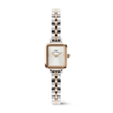 Quadro Mini Arch 3-Link Two Tone Rose Gold ladies watch with a petite rectangular case, minimalist white dial, and a slim silver and rose gold bracelet, designed for everyday elegance and versatility.