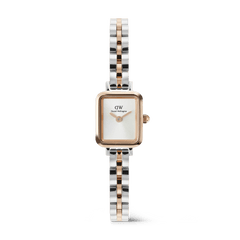 Quadro Mini Arch 3-Link Two Tone Rose Gold ladies watch with a petite rectangular case, minimalist white dial, and a slim silver and rose gold bracelet, designed for everyday elegance and versatility.