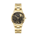 Gold Daniel Wellington Iconic Link watch with a black dial featuring Steven Harrington’s gold illustrations, paired with a polished gold stainless steel bracelet and secure clasp.