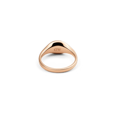 Classic Mini Signet Ring Rose Gold shown from the inside, highlighting the smooth rose gold finish and the engraved detail on the inner band.
