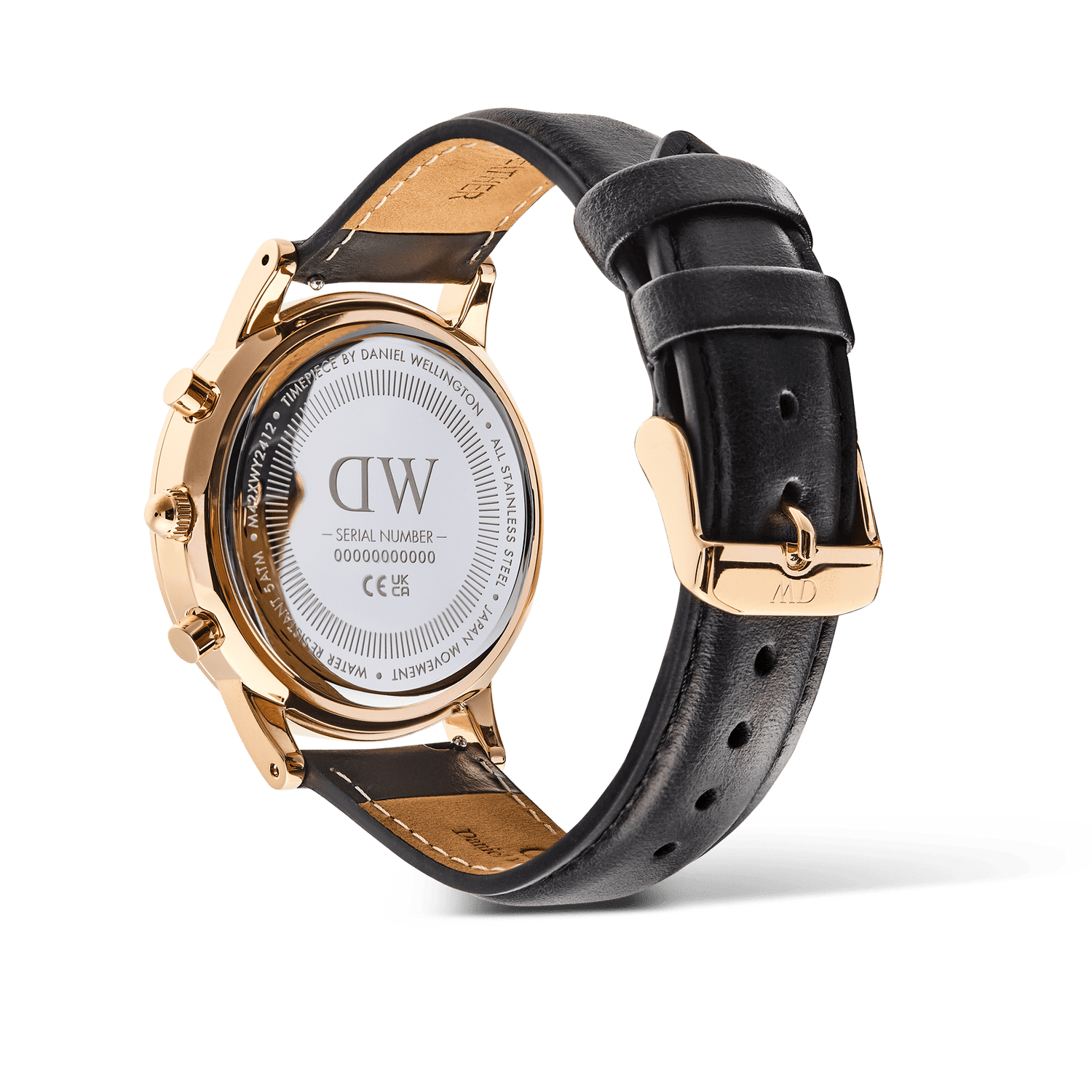 Rear view of the Iconic Chronograph Sheffield Arctic Panda Rose Gold watch, showing the engraved stainless steel case back, rose gold finish, and adjustable black leather strap with gold buckle.