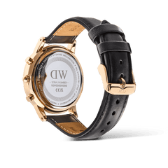 Rear view of the Iconic Chronograph Sheffield Arctic Panda Rose Gold watch, showing the engraved stainless steel case back, rose gold finish, and adjustable black leather strap with gold buckle.