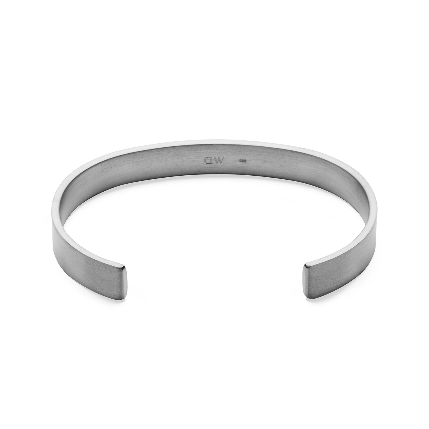 Line Cuff Brushed Silver featuring a slim open cuff shape, brushed stainless steel finish, and discreet inner logo, designed for a comfortable and minimalist look.