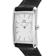 Close-up of the Bound Black Crocodile Guilloché Silver watch showing its polished rectangular silver case, white guilloché-patterned dial, and black crocodile-embossed genuine leather strap.