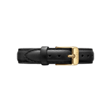 Sheffield Strap Gold shown in black genuine leather with subtle stitching and a gold buckle, perfect for pairing with both classic and contemporary watch faces.