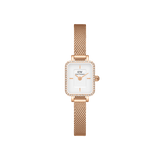 Quadro Mini Lumine Bezel Rose Gold ladies watch with a rectangular white dial, crystal-set bezel, and an adjustable rose gold mesh strap, designed for everyday elegance and comfortable wear.
