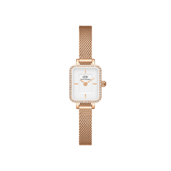 Quadro Mini Lumine Bezel Rose Gold ladies watch with a rectangular white dial, crystal-set bezel, and an adjustable rose gold mesh strap, designed for everyday elegance and comfortable wear.