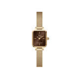 Quadro Mini Evergold Amber features a petite rectangular amber sunray dial and a slim gold mesh strap, blending minimalist design with a jewellery-inspired look suitable for women seeking understated elegance.