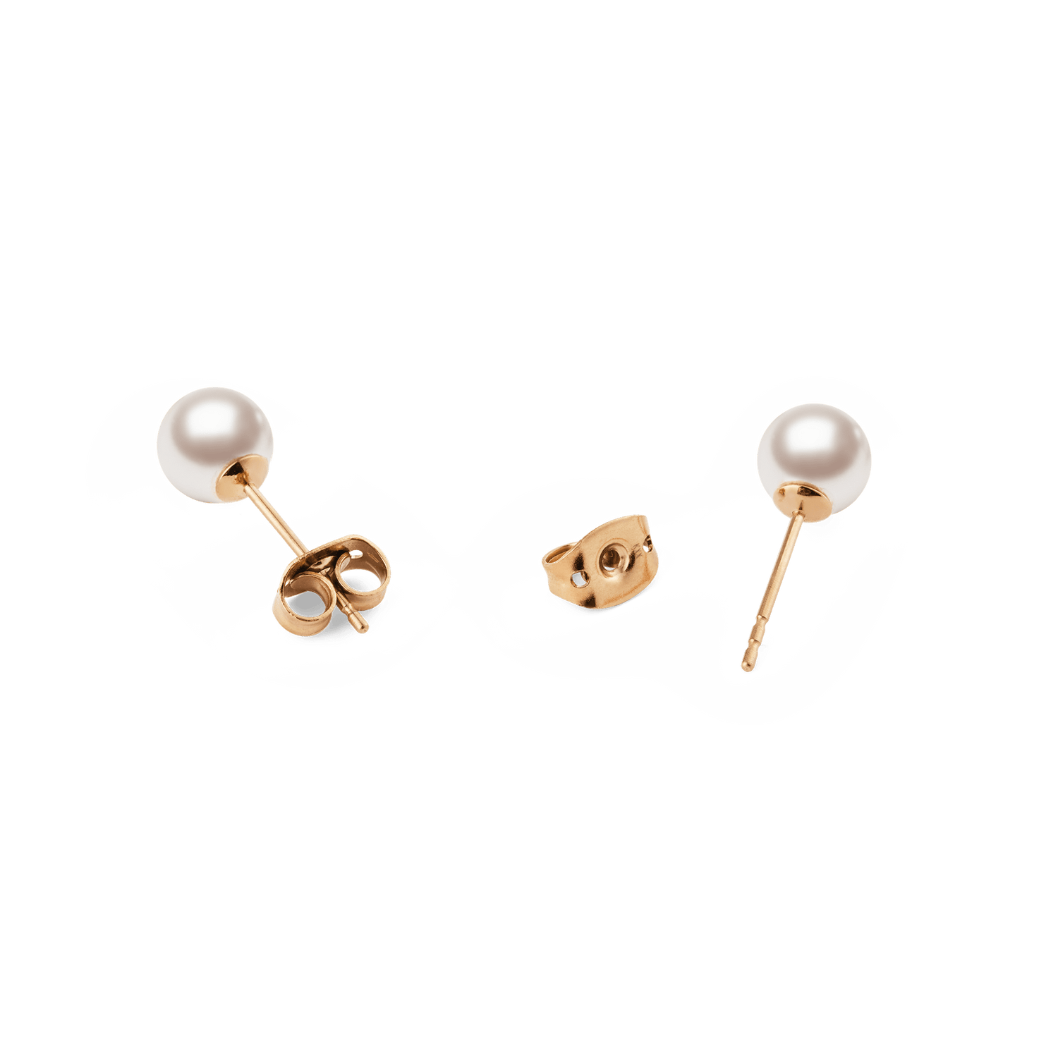 Pearl Stud Earring Rose Gold displayed with white Swarovski glass pearls and slim rose gold mounts, showing the secure butterfly backings and minimalist design suitable for sensitive ears.