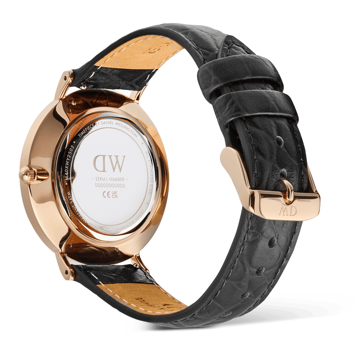 Rear view of the Classic Roman Numerals Date Black Croc Belly Rose Gold watch, highlighting the rose gold case, engraved case back, and black croc-embossed genuine leather strap with a matching rose gold pin buckle.