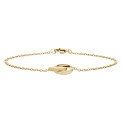 Slim gold Elan Unity Bracelet with a fine chain and two intertwined rings, featuring engraved detailing and a secure clasp, ideal for layering or wearing on its own.