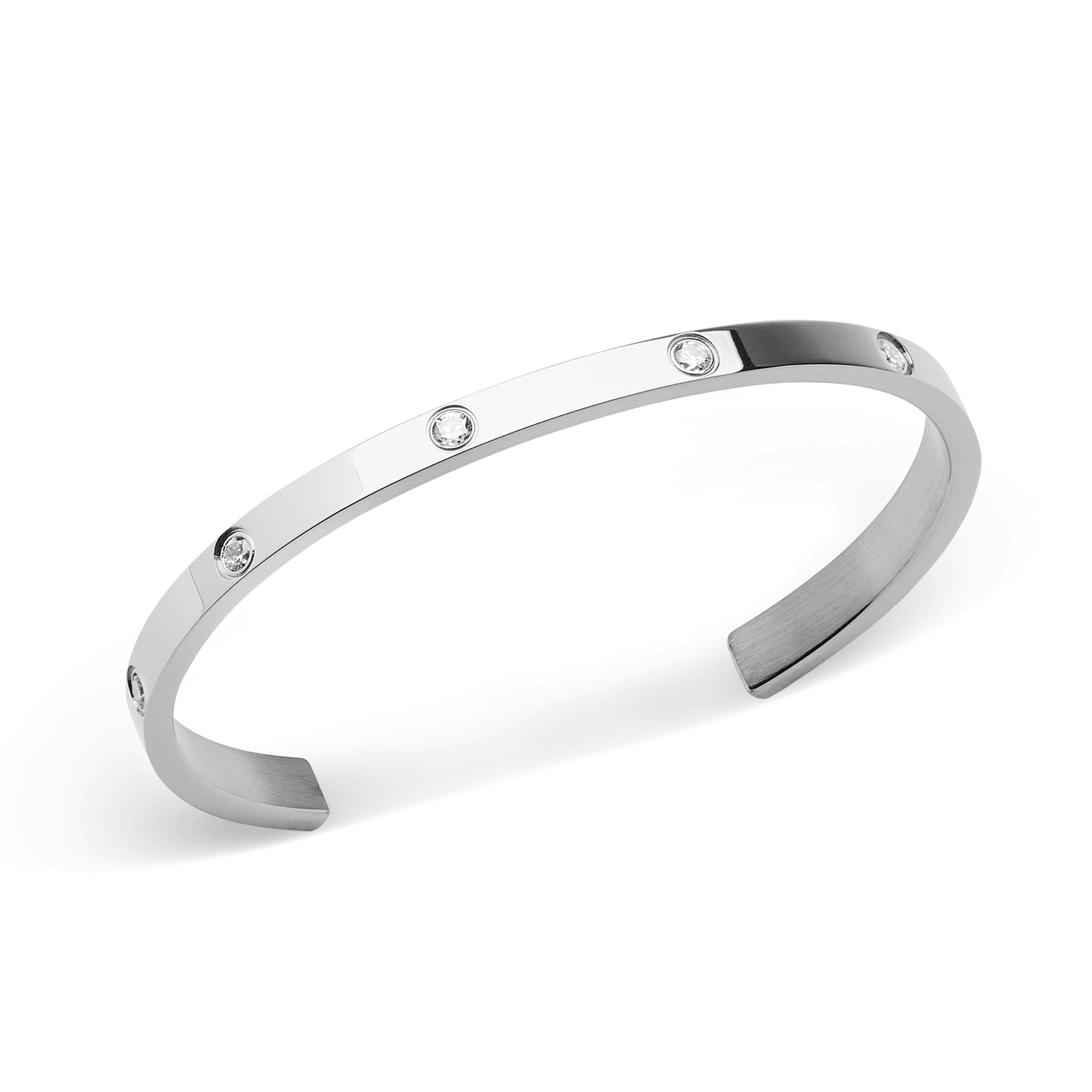 Classic Lumine Bracelet Silver 5.5mm with a slim, open bangle design in polished stainless steel, featuring evenly spaced cubic zirconia crystals for a refined, minimalist look.