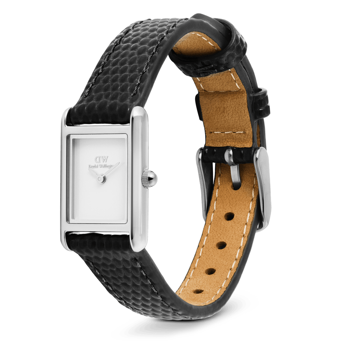 Daniel Wellington Bound Mini Black Lizard Silver ladies watch with a slim rectangular silver case, minimalist white dial, and adjustable black lizard grain leather strap with pin buckle closure.