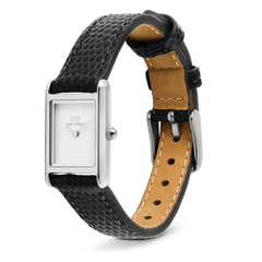 Daniel Wellington Bound Mini Black Lizard Silver ladies watch with a slim rectangular silver case, minimalist white dial, and adjustable black lizard grain leather strap with pin buckle closure.