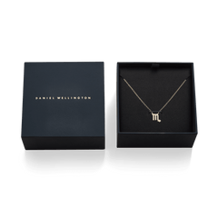 A gold chain necklace with a crystal-set Scorpio zodiac pendant is displayed in an open black Daniel Wellington gift box, next to its matching closed box with gold branding.