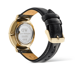 Rear view of the Classic Multi-Eye Sheffield Off-white Sunray Gold men's watch showing the gold-plated stainless steel case, engraved case back, and adjustable black genuine leather strap with gold pin buckle.
