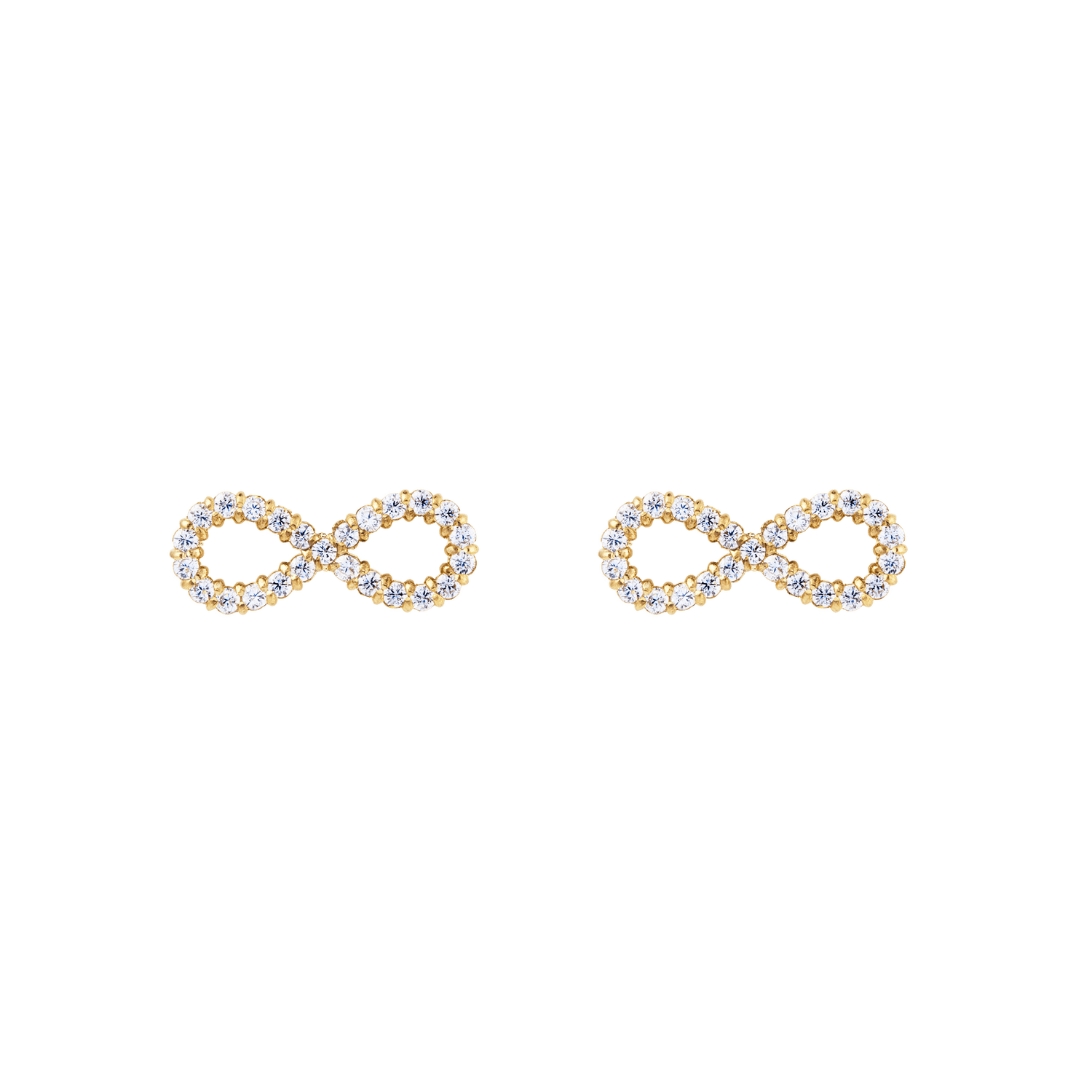 A pair of Mirelle Infinity Earring Gold studs featuring an elegant infinity shape, crafted in gold-plated stainless steel and set with petite white cubic zirconia crystals for a subtle, refined sparkle.