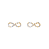 A pair of Mirelle Infinity Earring Gold studs featuring an elegant infinity shape, crafted in gold-plated stainless steel and set with petite white cubic zirconia crystals for a subtle, refined sparkle.