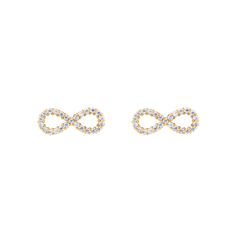 A pair of Mirelle Infinity Earring Gold studs featuring an elegant infinity shape, crafted in gold-plated stainless steel and set with petite white cubic zirconia crystals for a subtle, refined sparkle.