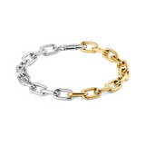 Contrast Link Bracelet Two Tone Gold featuring alternating polished gold and silver rectangular links, crafted from stainless steel with a modern, sculptural design.