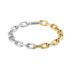 Contrast Link Bracelet Two Tone Gold featuring alternating polished gold and silver rectangular links, crafted from stainless steel with a modern, sculptural design.