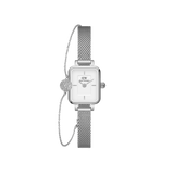 Quadro Mini Sterling & Pavé Crystal Pendant Bracelet Silver set featuring a petite rectangular ladies watch with a white dial and silver mesh strap, paired with a delicate silver chain bracelet adorned with a sparkling pavé crystal sphere.