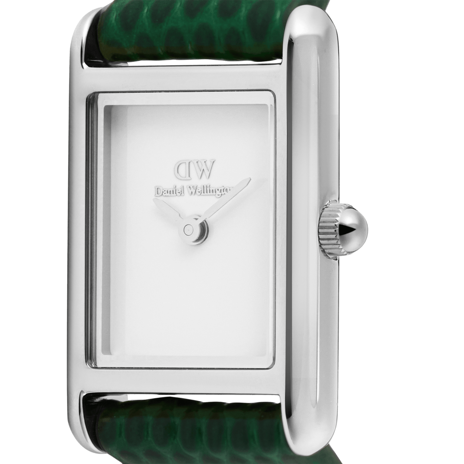 Close-up of the Bound Mini Green Lizard Silver watch showing the minimalist white dial, polished rectangular silver case, and textured green leather strap with fine detailing.