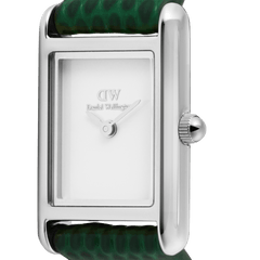 Close-up of the Bound Mini Green Lizard Silver watch showing the minimalist white dial, polished rectangular silver case, and textured green leather strap with fine detailing.