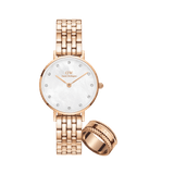 Rose gold ladies watch with a 5-link bracelet, white mother of pearl dial, crystal hour markers, and matching rose gold Elevation Ring with textured edge, styled together for a refined jewellery set.
