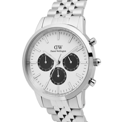 Iconic Chronograph Arch 5-Link Off-White Panda Silver men's watch with a polished stainless steel bracelet, off-white dial, bold black sub-dials, and minimalist chronograph design.
