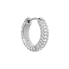 Single Pavé Crystal Earrings Silver featuring a petite hoop shape, rhodium plated brass and densely set cubic zirconia crystals for a polished, sparkling finish.