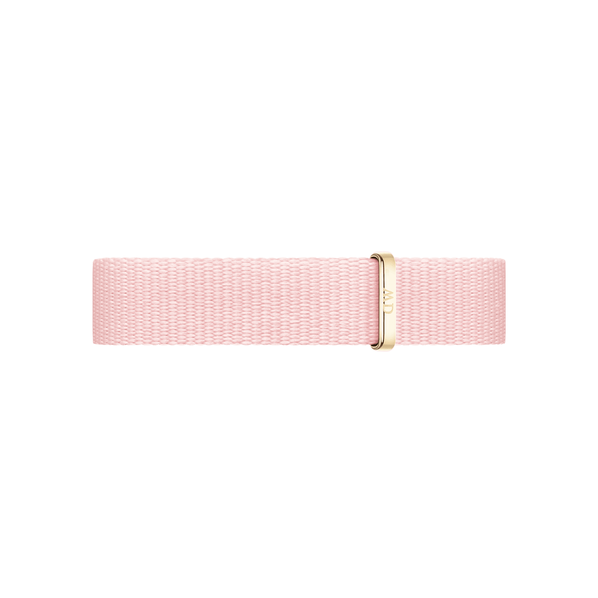 Rosewater Strap Gold displays a pastel pink NATO watch strap crafted from recycled polyester, featuring a gold buckle and minimalist styling for Daniel Wellington watches.