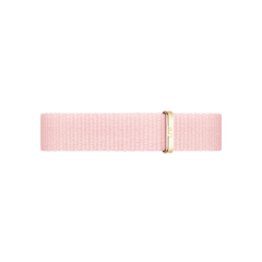 Rosewater Strap Gold displays a pastel pink NATO watch strap crafted from recycled polyester, featuring a gold buckle and minimalist styling for Daniel Wellington watches.