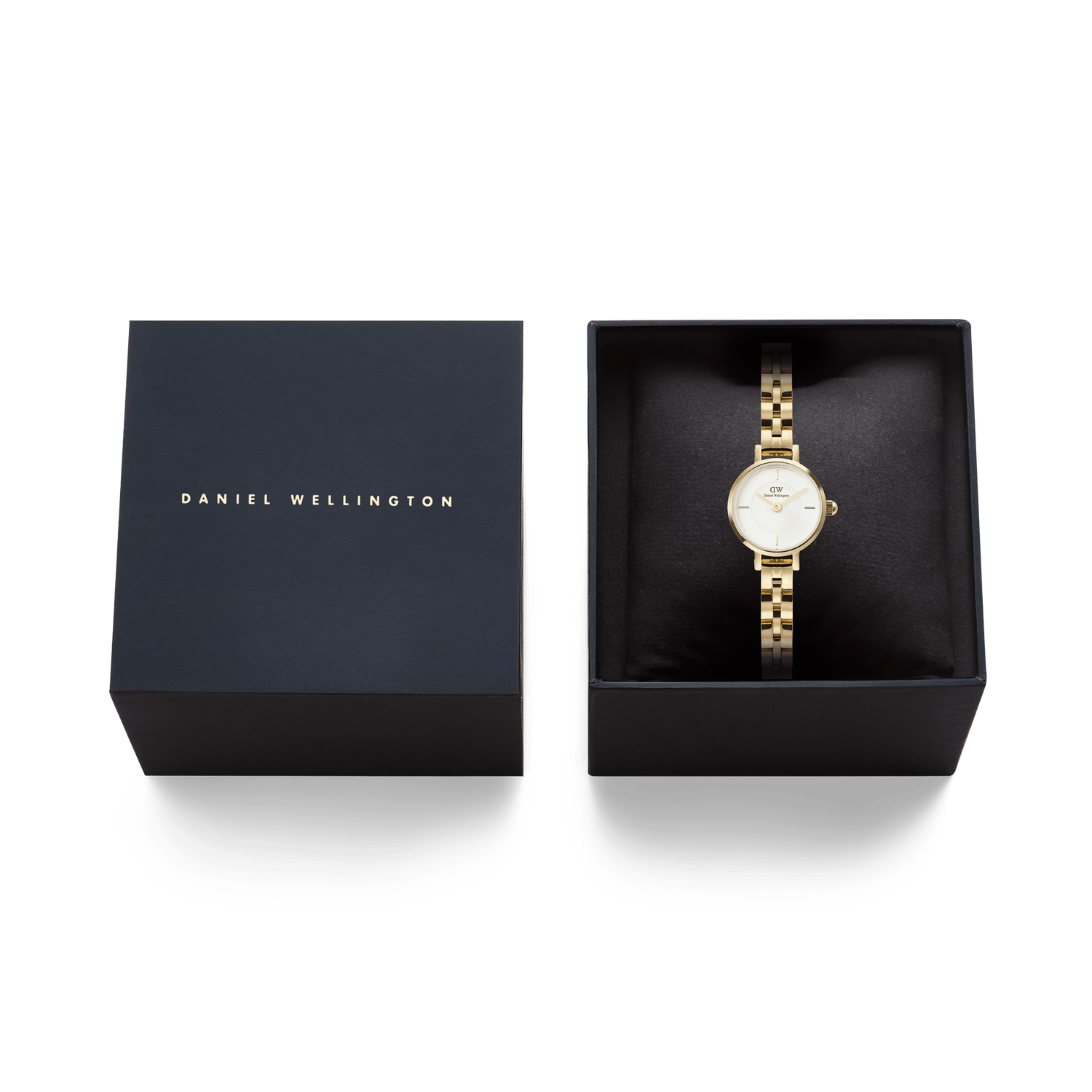 Petite Mini Arch 3-link White Gold watch presented in a sleek Daniel Wellington gift box, showing the elegant gold bracelet and crisp white dial for a refined gifting experience.