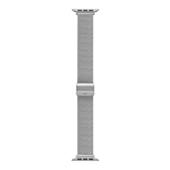 Smartwatch Strap Sandblasted Mesh Silver shown in full length, highlighting the sandblasted stainless steel mesh design and adjustable clasp for Apple Watch compatibility.