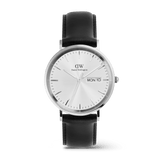 Classic men's watch with a 40mm silver stainless steel case, white textured dial featuring day and date display, and a black genuine leather strap with a slim, minimalist design.