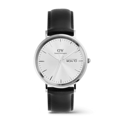 Classic men's watch with a 40mm silver stainless steel case, white textured dial featuring day and date display, and a black genuine leather strap with a slim, minimalist design.