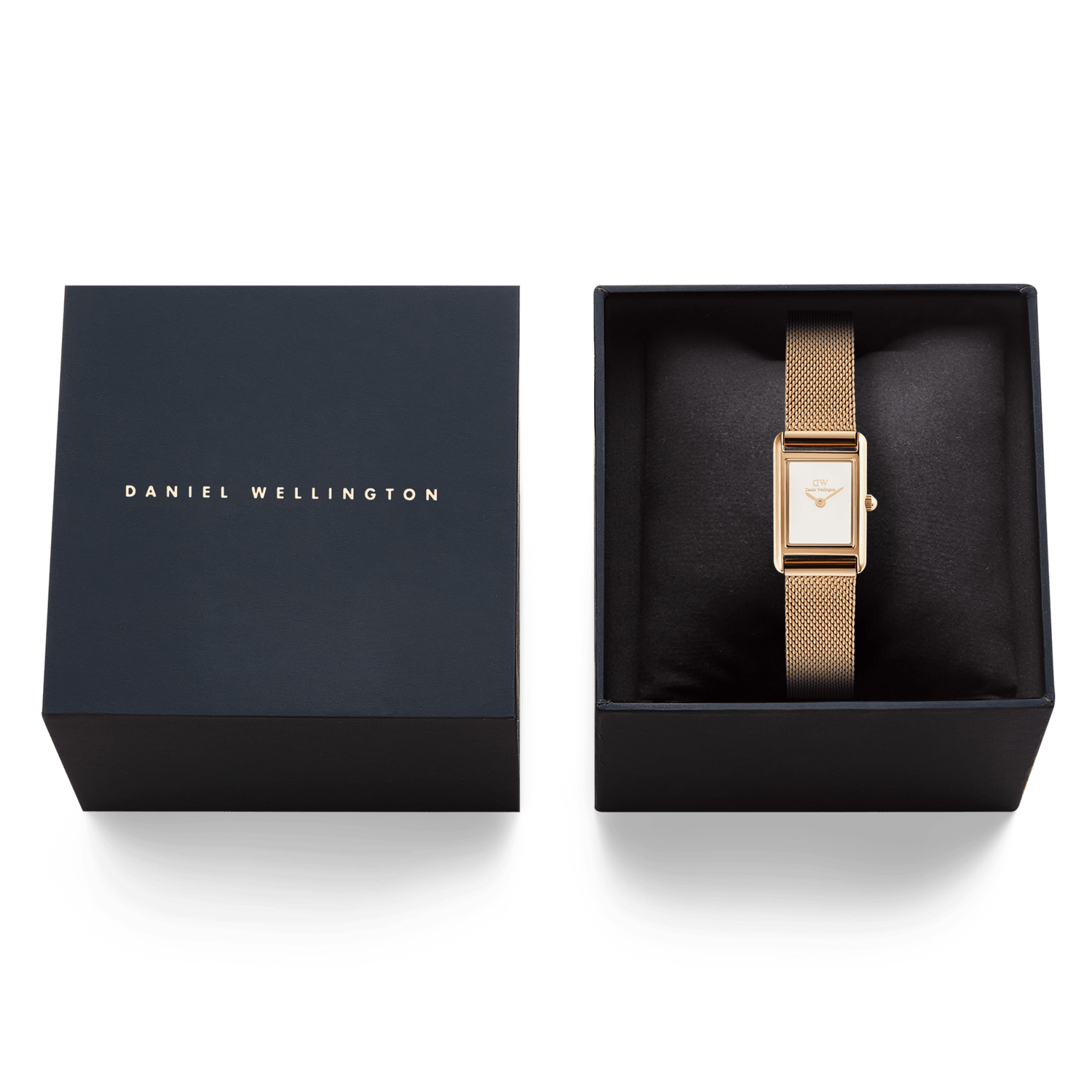 Bound Mini Melrose rose gold watch with a rectangular case and mesh strap, elegantly presented in a black Daniel Wellington gift box.
