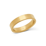 A brushed gold ring with a matte finish and minimalist design, featuring a 4.5mm width and a discreet logo on the inside band.