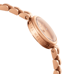 Close-up side view of the Elan Lumine Unitone Rose Gold ladies watch, showing the engraved case, crystal-dotted dial, and polished rose gold bracelet links.