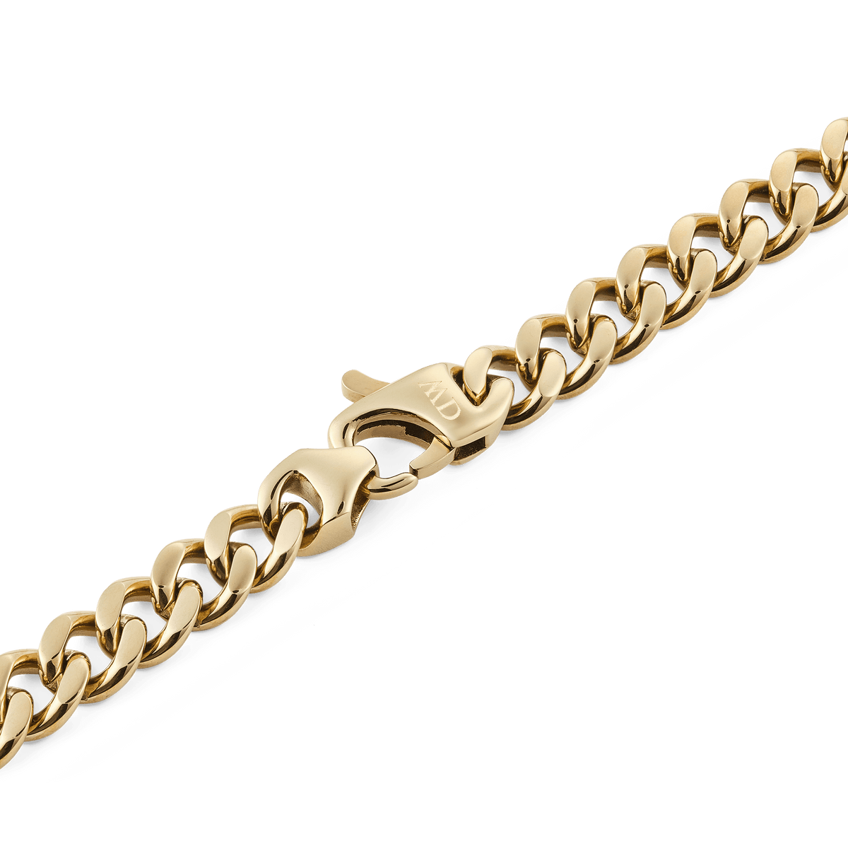 Detail of the Ellipse Cuban Chain Necklace Gold showing the polished gold-plated Cuban links and the robust lobster clasp for secure fastening.