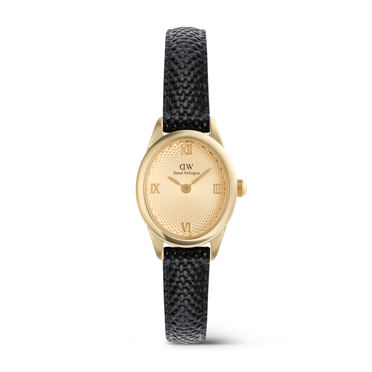 Petite ladies gold watch with an oval case, unitone gold guilloché dial featuring Roman numerals, and a black lizard-textured leather strap.