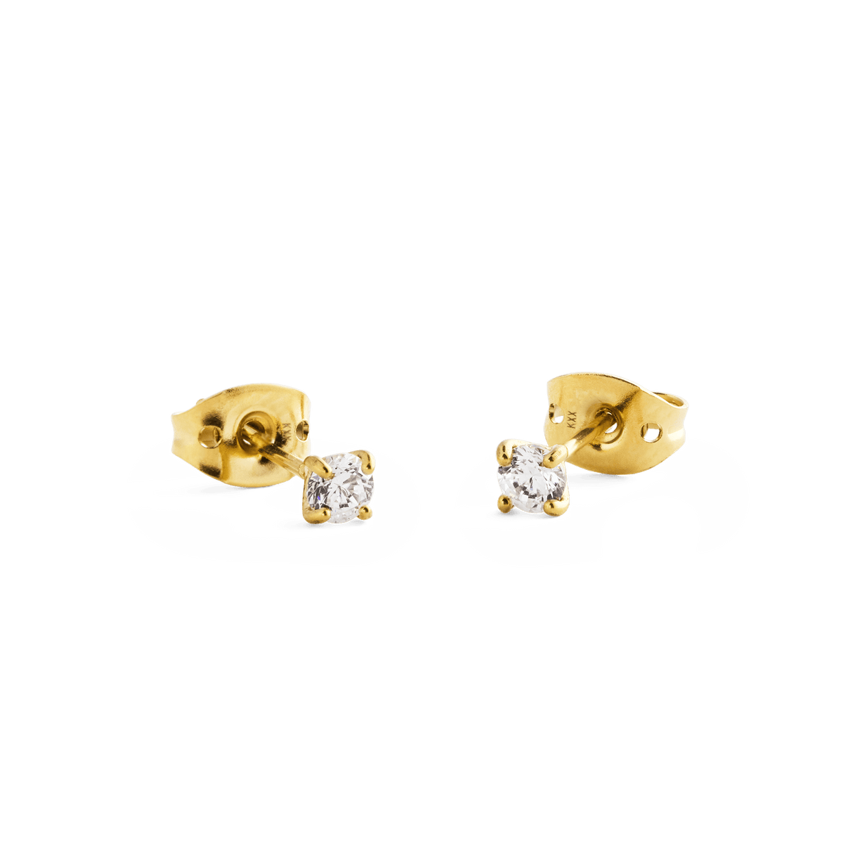 Mirelle Solitaire Stud Earring Gold pair shown from the side and back, highlighting the four-prong gold setting, butterfly backs, and sparkling cubic zirconia crystals.