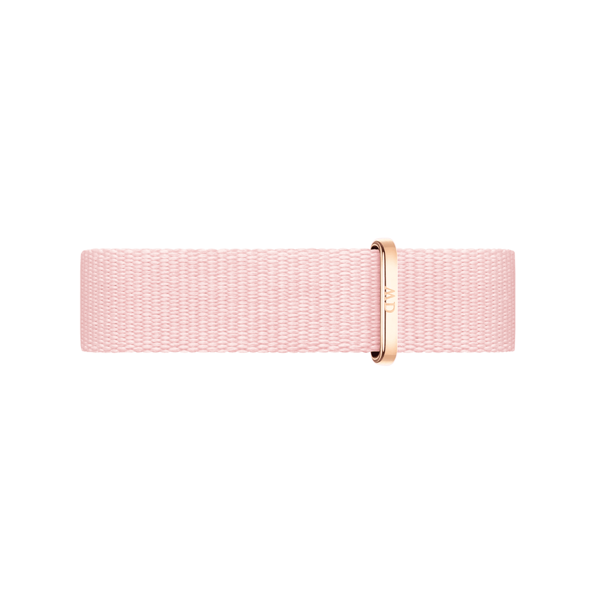 NATO style watch strap in soft pink recycled polyester with a rose gold buckle, designed for Daniel Wellington watches and ideal for adding a subtle touch of colour.