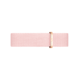 NATO style watch strap in soft pink recycled polyester with a rose gold buckle, designed for Daniel Wellington watches and ideal for adding a subtle touch of colour.