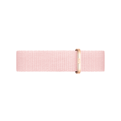 NATO style watch strap in soft pink recycled polyester with a rose gold buckle, designed for Daniel Wellington watches and ideal for adding a subtle touch of colour.