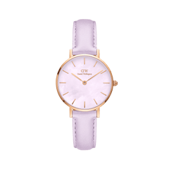 Petite Lavender Rose Gold ladies watch with a slim rose gold case, soft lavender leather strap, and a shimmering mother of pearl dial, showcasing minimalist detailing and a petite 28mm design.