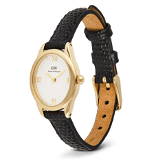 Daniel Wellington Ophelia Mini Black Lizard White Guilloché Gold watch with a slim gold oval case, white guilloché dial, gold Roman numerals, and an adjustable black lizard grain leather strap with a pin buckle closure.
