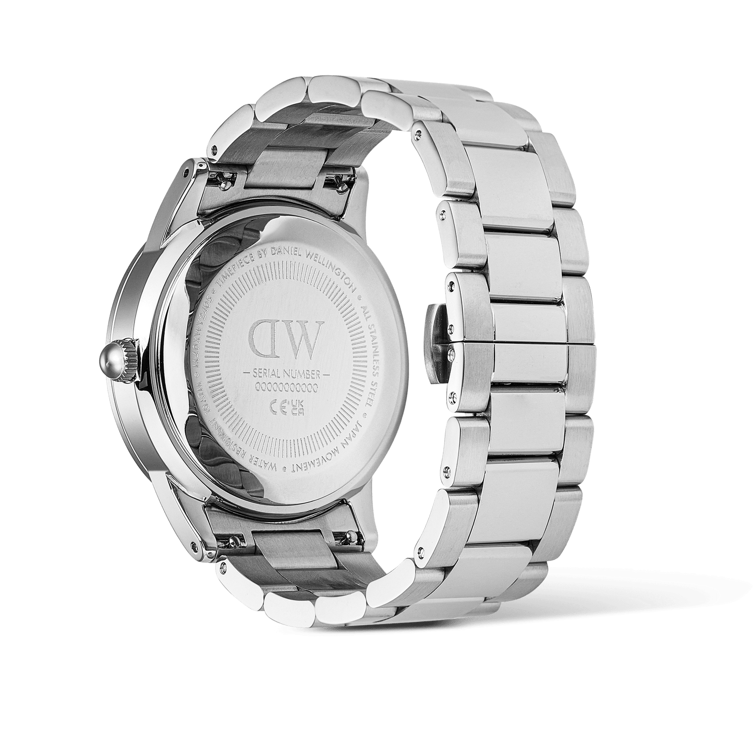 Back view of the Iconic Paradigma Link Black Enamel watch showing the engraved stainless steel case, polished three-link bracelet, and secure butterfly clasp, highlighting its durable construction and premium finish.