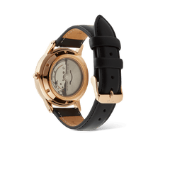 Rear view of the Daniel Wellington Iconic Sheffield Automatic Rose Gold watch, showing the exhibition case back with visible Japanese automatic movement and genuine black leather strap.